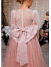 Dusty Rose Glitter Lace Tulle Buttons Back Flower Girl Dress